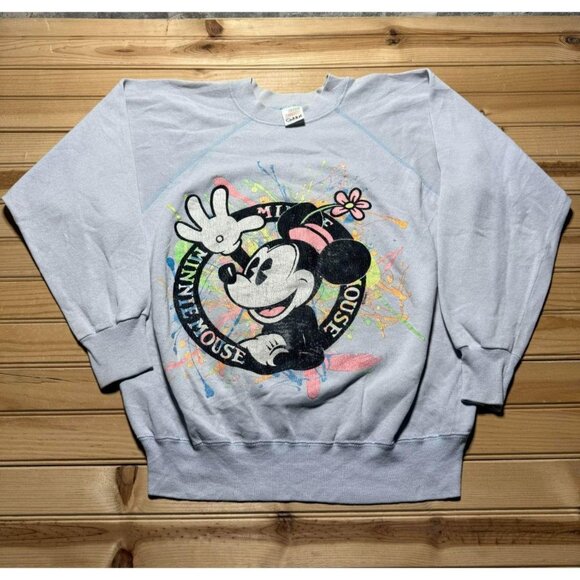 Vintage 80s 90s Disney Minnie Mouse Neon Splatter Cartoon Sweatshirt Size Medium - Picture 1 of 8